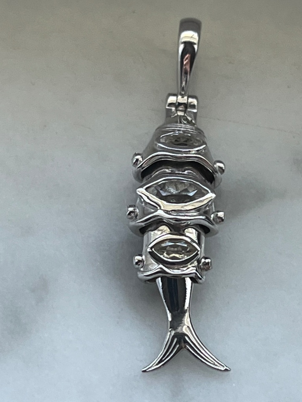 Awe Inspired Sterling Silver Segmented White Topaz Lucky Fish Pendant Charm - Picture 3 of 12
